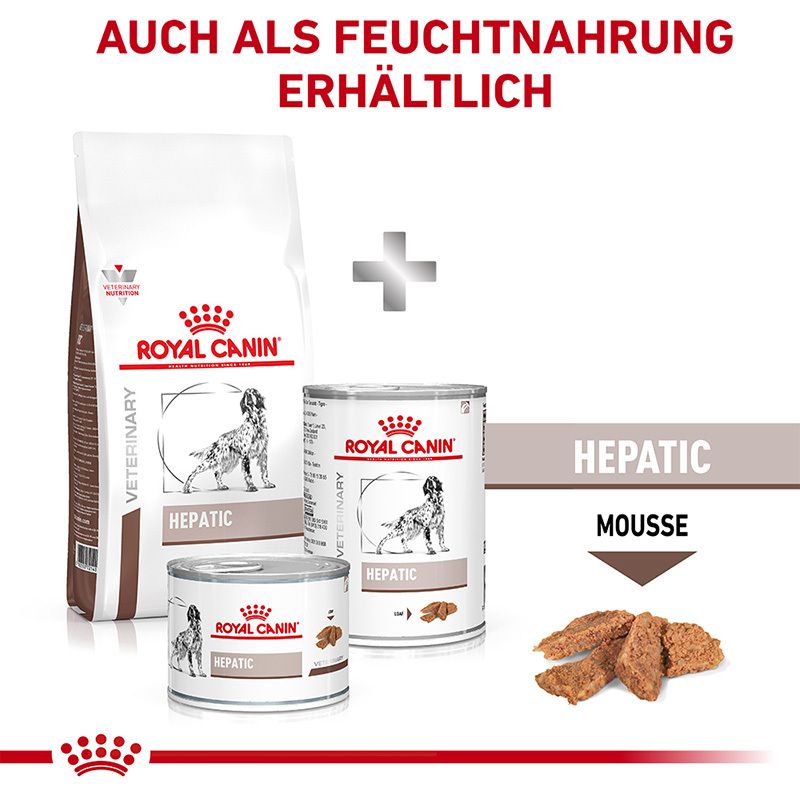 ROYAL CANIN® HEPATIC Trocken- und Feuchtnahrung für Hunde, inklusive Dosen.