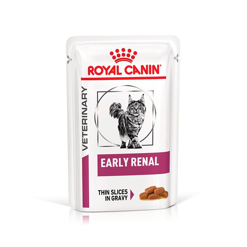 ROYAL CANIN® Veterinary EARLY RENAL Katzenfutter-Beutel mit Abbildung einer Katze und Produktinformationen.