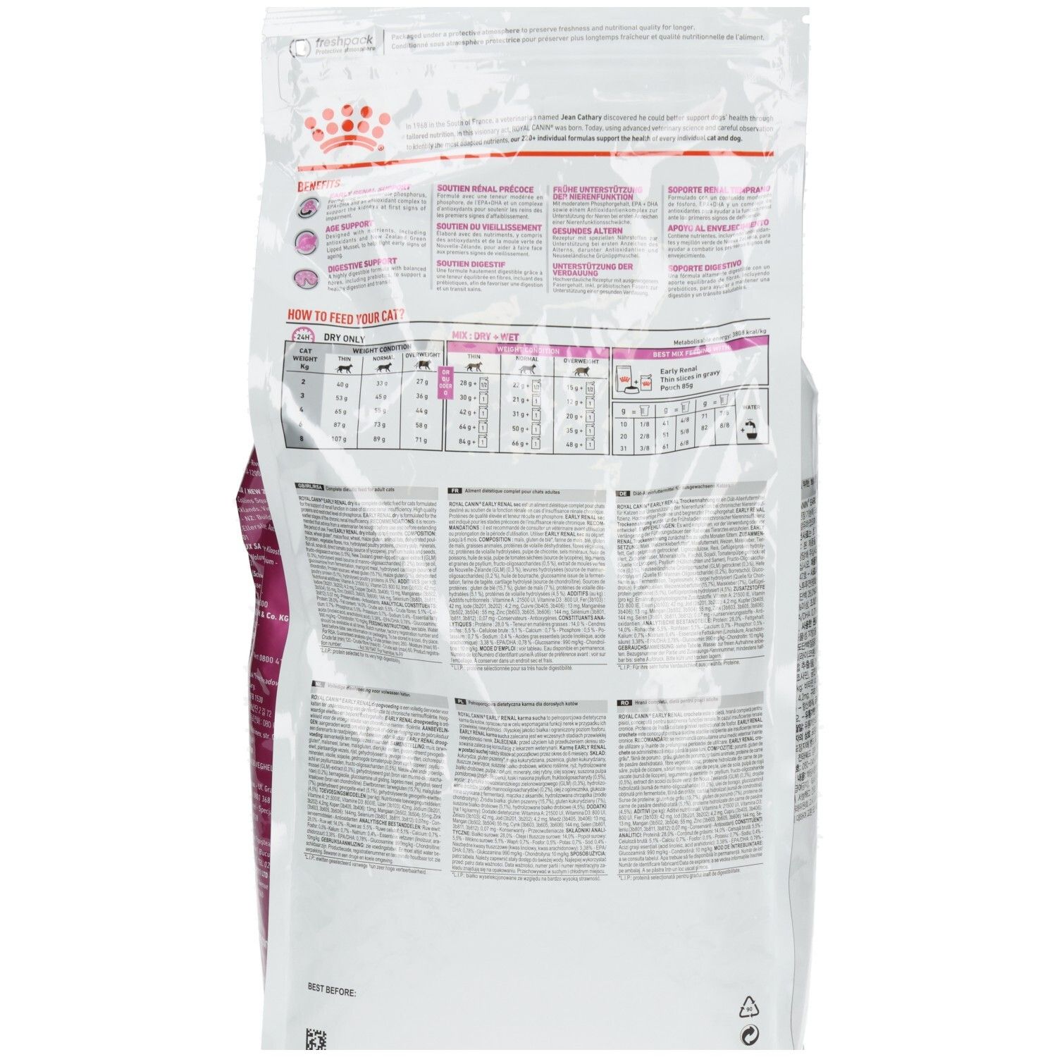Rückseite des Royal Canin Veterinary Early Renal Katzenfutter-Beutels mit Fütterungstabelle und Produktinformationen.