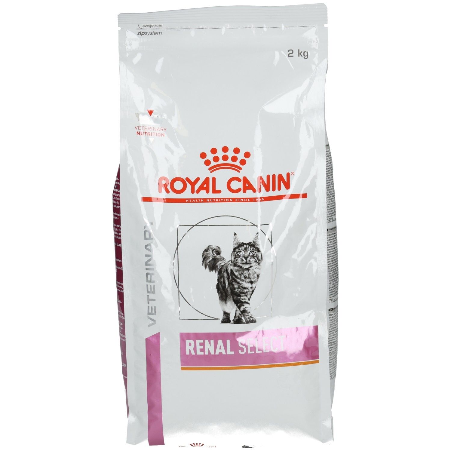 Royal Canin Veterinary Renal Select Trockennahrung für Katzen, 2 kg Beutel mit Katzenmotiv.