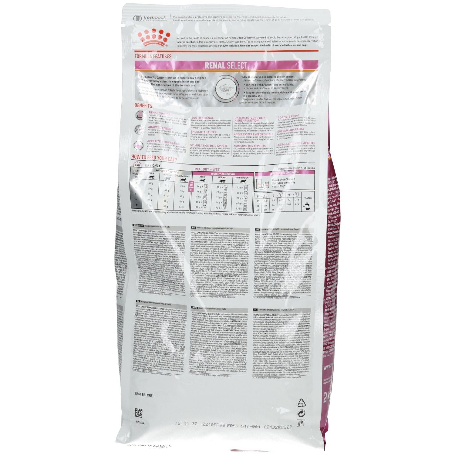 Rückseite eines 2 kg Beutels Royal Canin Veterinary Renal Select Trockennahrung für Katzen mit Nährwertangaben.