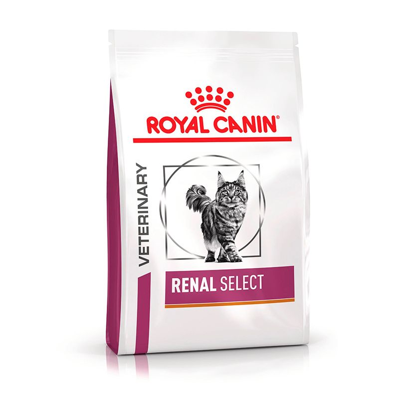 Royal Canin Veterinary Renal Select Katzenfutter, 4kg Beutel mit Katzenmotiv.