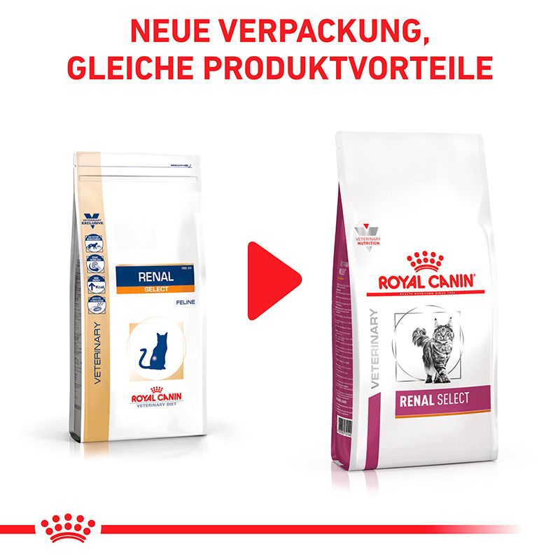 Vergleich von alter und neuer Verpackung von Royal Canin Veterinary Renal Select Katzenfutter.