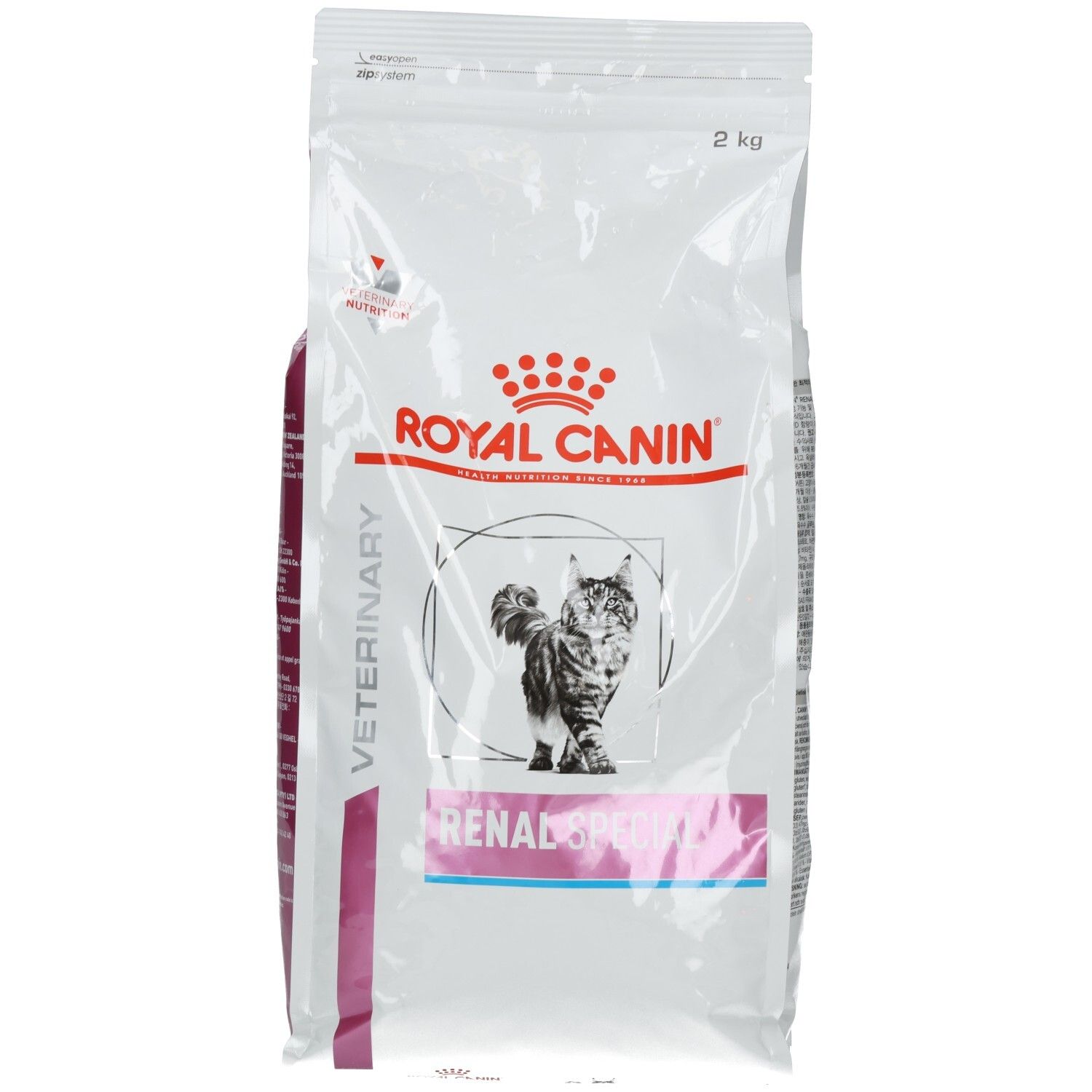 Royal Canin Veterinary Renal Special Trockennahrung für Katzen, 2 kg Beutel mit Katzenmotiv.