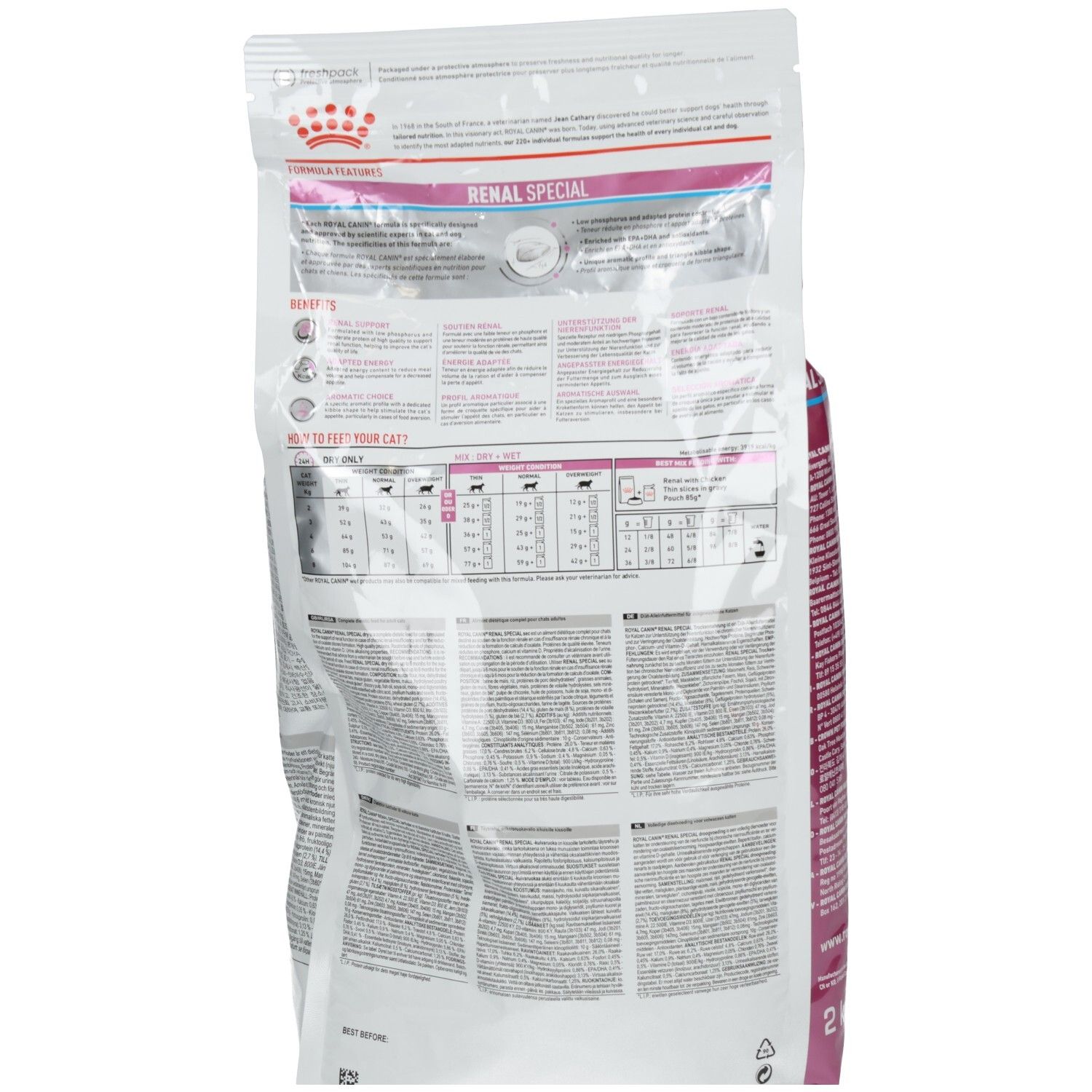 Rückseite eines 2 kg Beutels Royal Canin Veterinary Renal Special Trockennahrung für Katzen mit Fütterungstabellen.