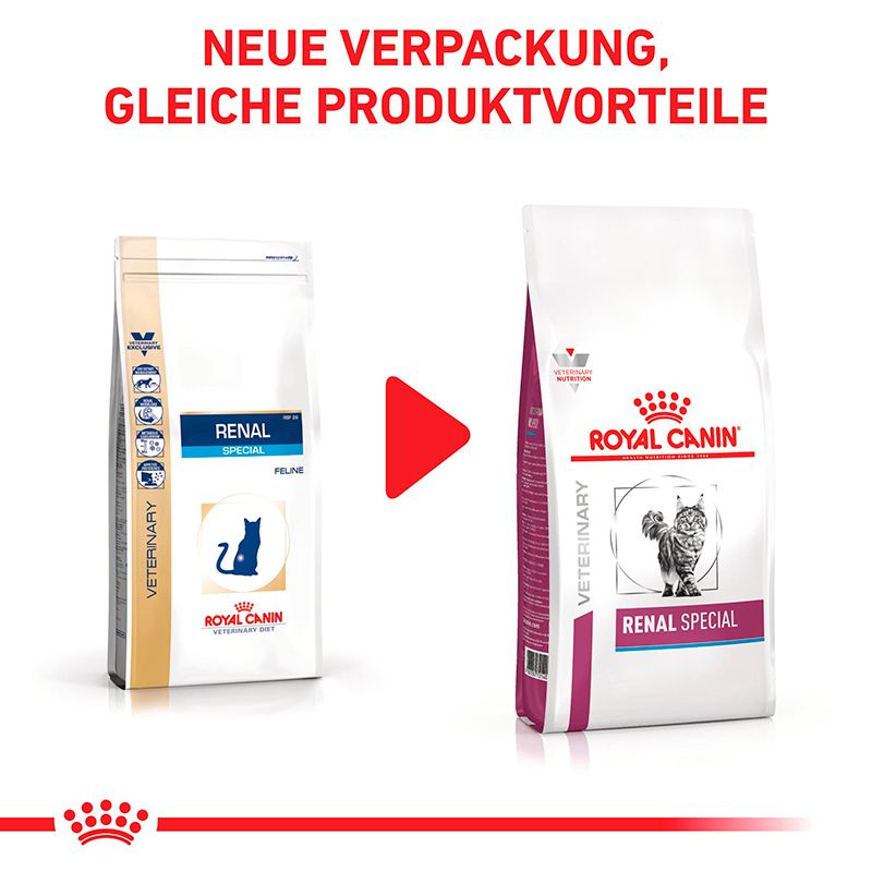 Vergleich der alten und neuen Verpackung von ROYAL CANIN® VETERINARY RENAL SPECIAL Trockennahrung für Katzen.