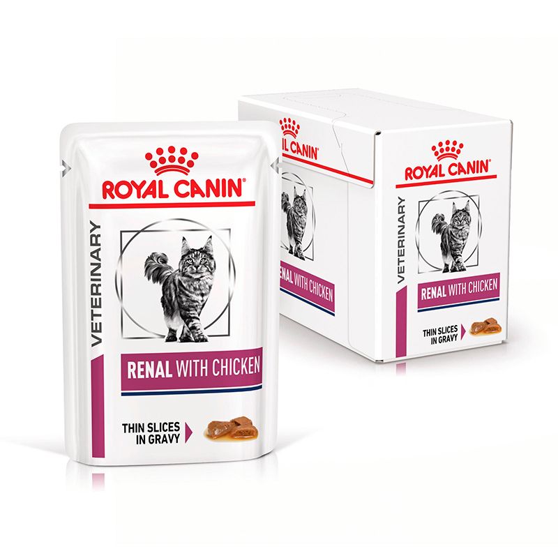 ROYAL CANIN Veterinary Renal Huhn Feuchtnahrung Pouch und Karton.