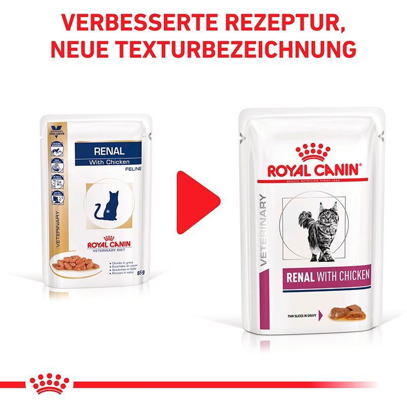 Vergleich ROYAL CANIN Veterinary Renal Huhn Feuchtnahrung alte und neue Verpackung.
