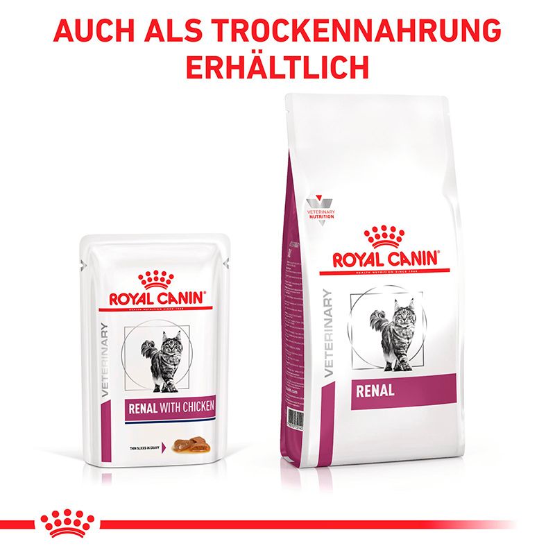 ROYAL CANIN Veterinary Renal Huhn Feuchtnahrung Pouch und Trockennahrung.