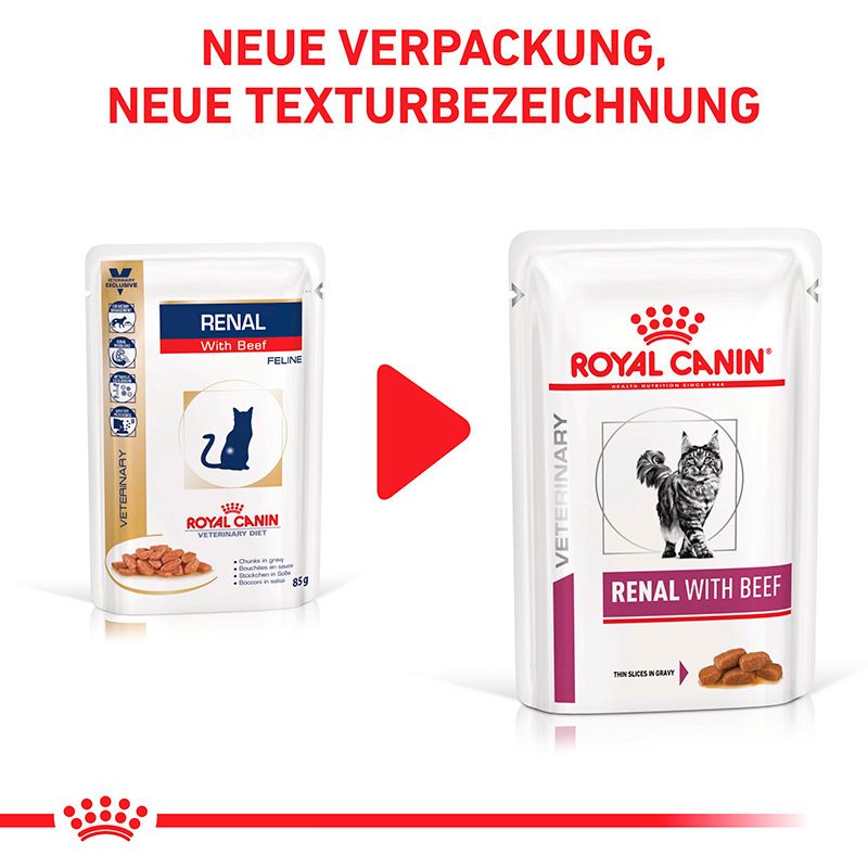 Vergleich ROYAL CANIN Veterinary Renal Rind Feuchtnahrung, alte und neue Verpackung.