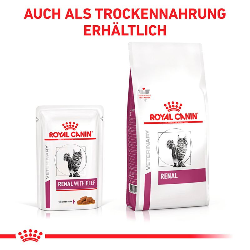 ROYAL CANIN Veterinary Renal Rind Feuchtnahrung und Trockennahrung für Katzen.