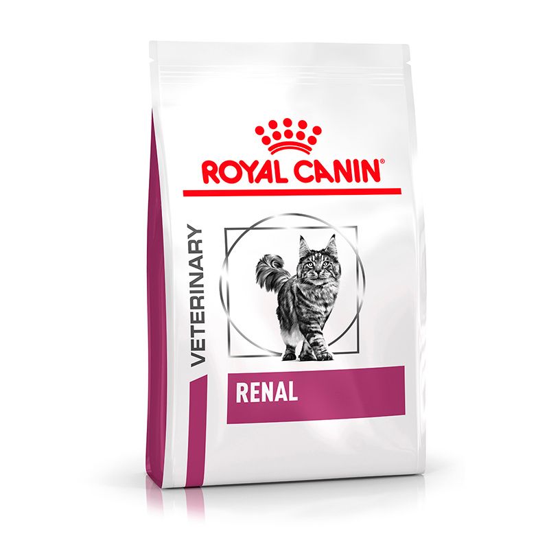 ROYAL CANIN® Veterinary RENAL Trockennahrung für Katzen, 4kg Beutel mit Katzenmotiv.