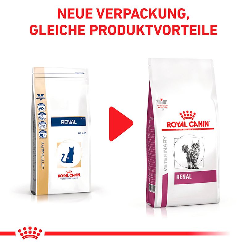 Vergleich alte und neue Verpackung ROYAL CANIN® Veterinary RENAL Trockennahrung für Katzen.