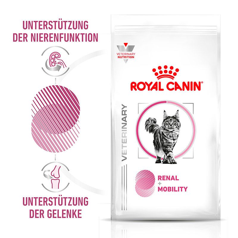 Royal Canin Veterinary Mobility Katzenfutter: Unterstützung der Nieren- und Gelenkfunktion. Zeigt eine Katze und Grafiken.