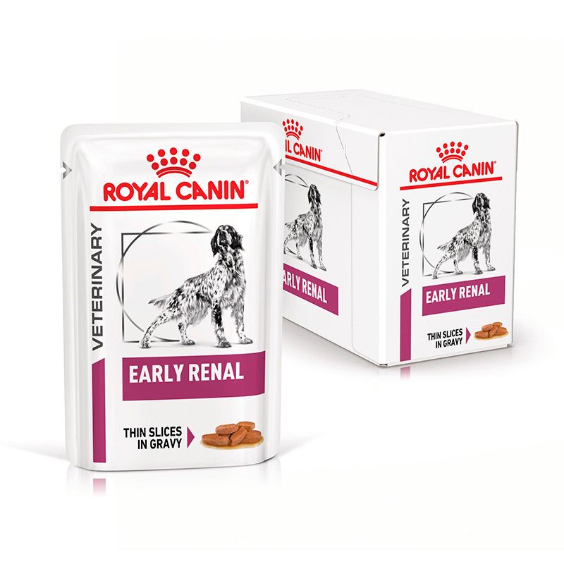 ROYAL CANIN® Veterinary Early Renal Feuchtnahrung für Hunde, 100g Pouch und Karton.