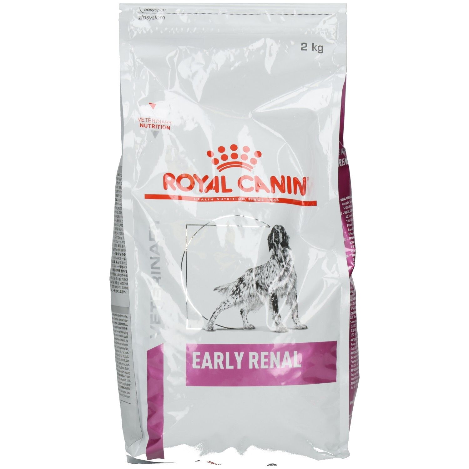 Royal Canin Early Renal Hundefutter, 2 kg Beutel mit Hundemotiv und Produktinformationen.