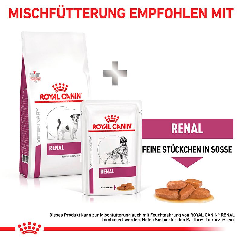 ROYAL CANIN® Veterinary RENAL SMALL DOGS Trockennahrung und Feine Stücken in Sauce.