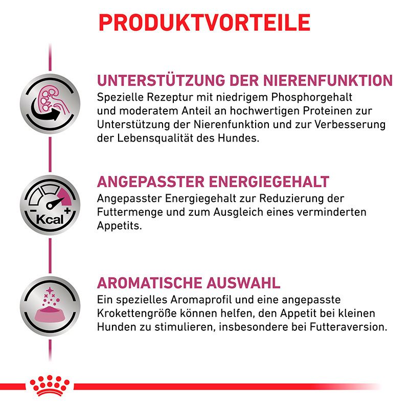 Produktvorteile: Nierenfunktion, angepasster Energiegehalt, aromatische Auswahl.
