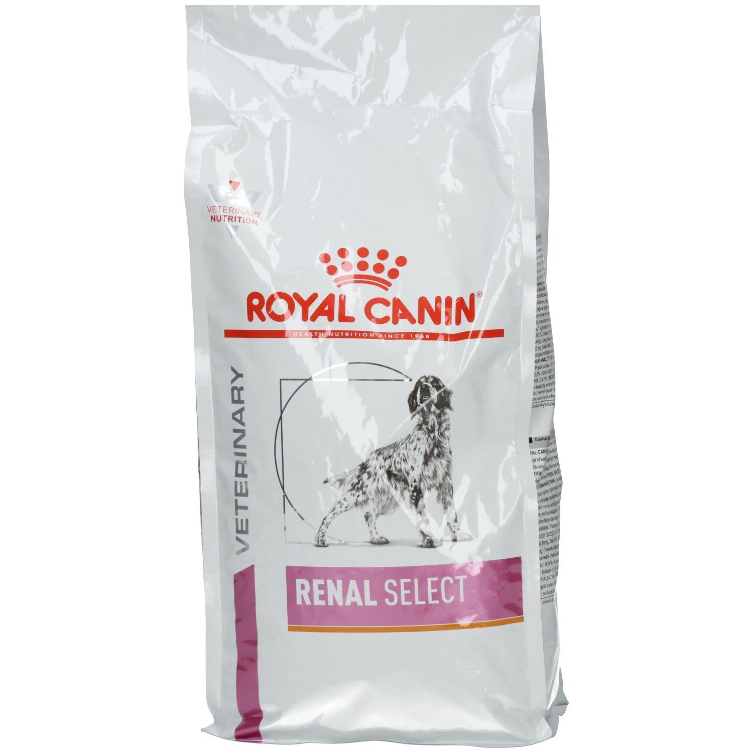 Royal Canin Veterinary Renal Select Hundefutter-Packung mit Hundebild und Produktinformationen.