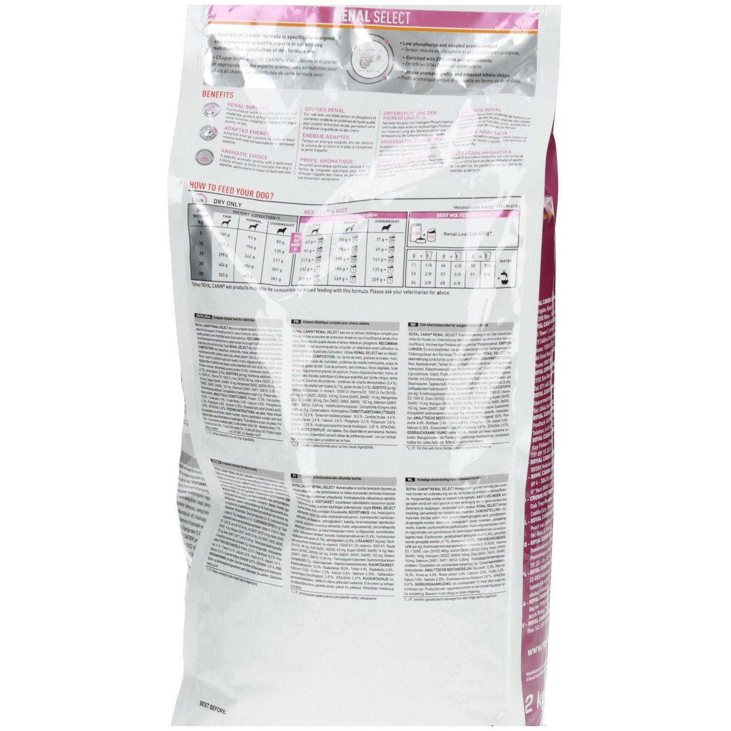 Rückseite einer Royal Canin Veterinary Renal Select Hundefutter-Packung mit Fütterungstabelle und Textinformationen.