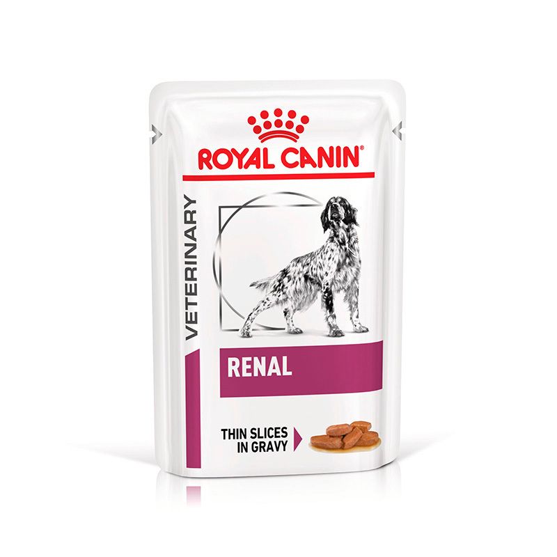 ROYAL CANIN Veterinary RENAL Feuchtnahrung Beutel mit Hundebild und Produktinformationen.