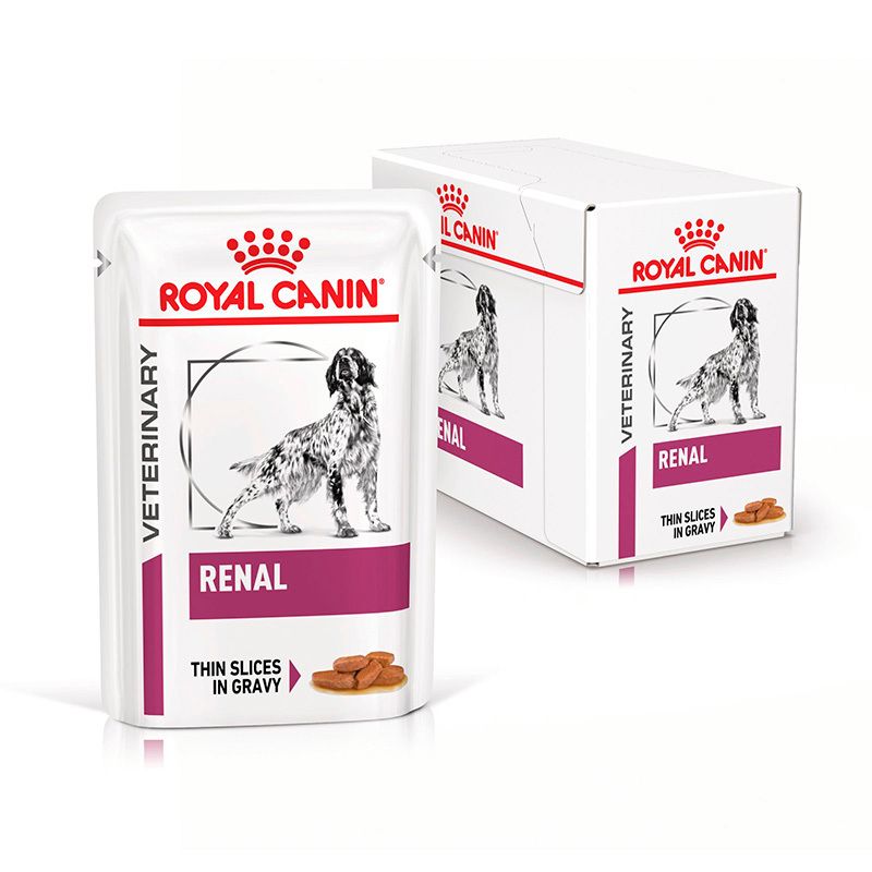 ROYAL CANIN Veterinary RENAL Feuchtnahrung Beutel und Kartonverpackung.