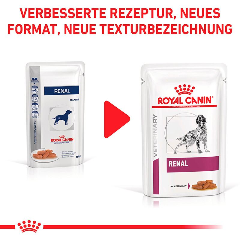 Vergleich von ROYAL CANIN Veterinary RENAL Feuchtnahrung Beuteln: alte und neue Rezeptur.