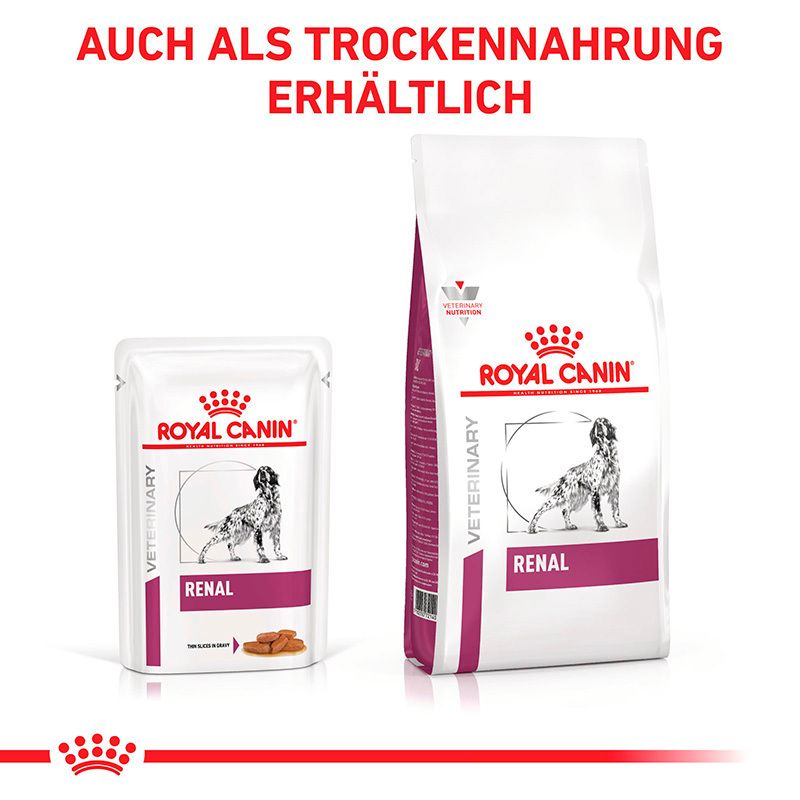ROYAL CANIN Veterinary RENAL Feuchtnahrung Beutel und Trockennahrung Packung.