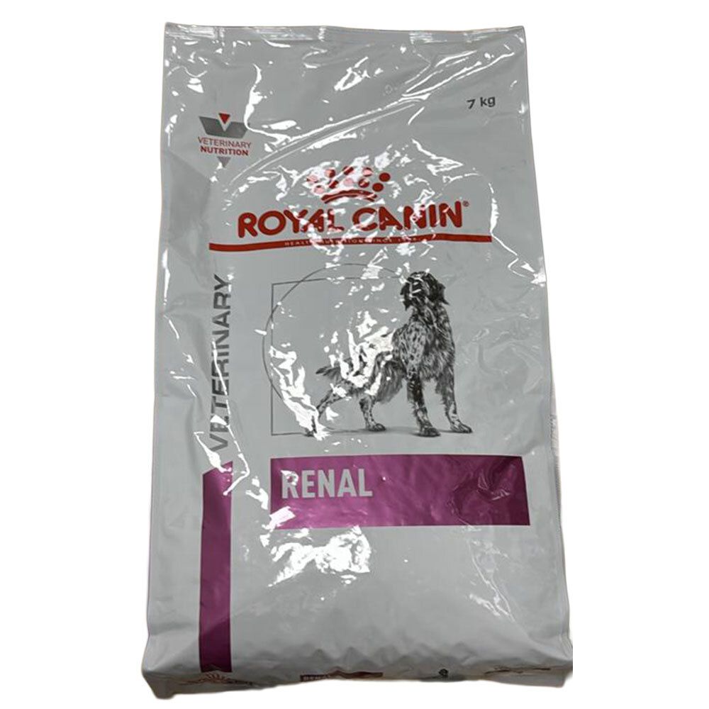 Royal Canin Veterinary Renal Hundefutter, 7 kg Beutel mit Hundebild.