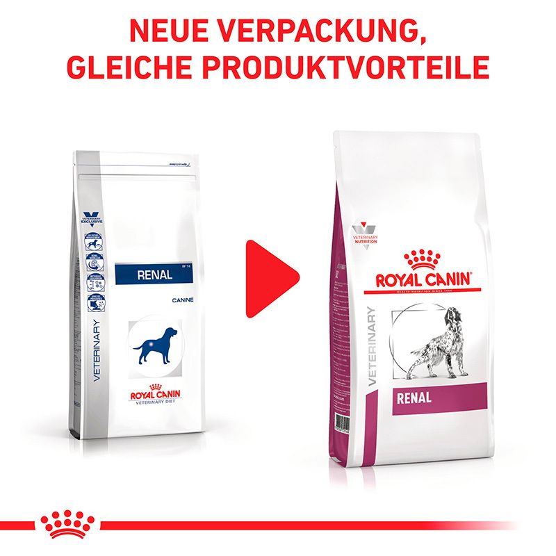 Verpackungsvergleich: Alte vs. neue Verpackung Royal Canin Veterinary Renal Hundefutter.