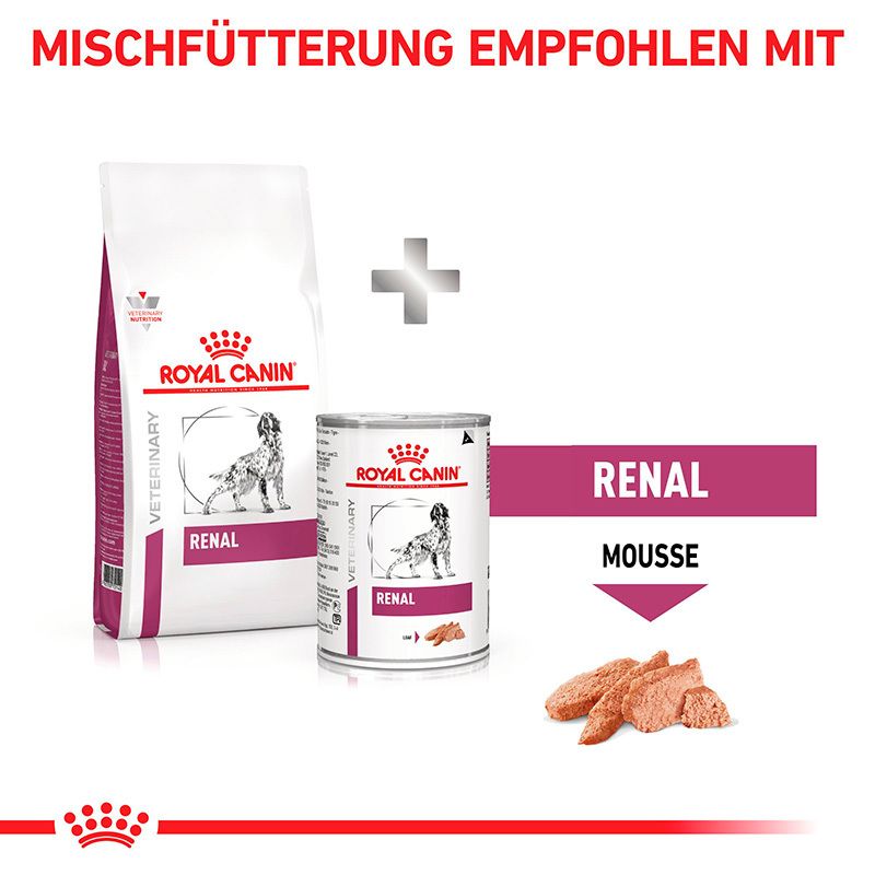 Royal Canin Veterinary Renal Trocken- und Nassfutter für Hunde, mit Futterbrocken.