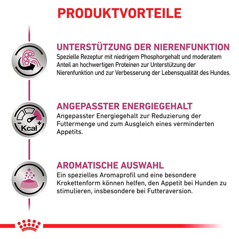 Produktvorteile: Nierenfunktion, Energiegehalt, Aromawahl bei Royal Canin Renal.