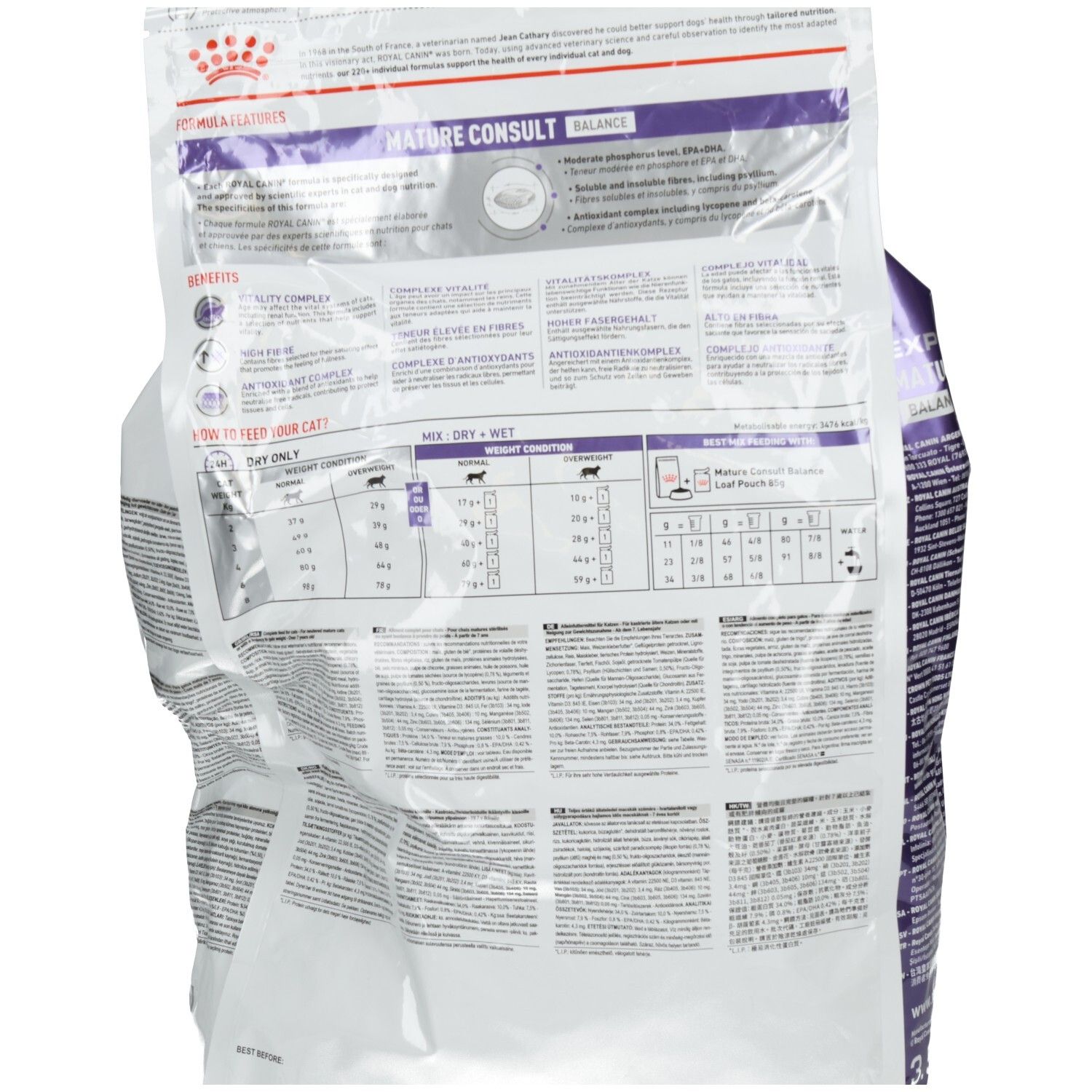 Rückseite eines 3.5 kg Beutels Royal Canin Trockennahrung für Katzen mit Nährwertangaben und Anwendungshinweisen.