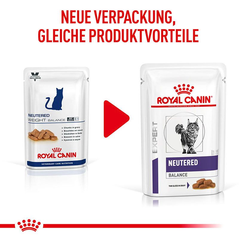 Vergleich von alter und neuer Verpackung von ROYAL CANIN Expert NEUTERED BALANCE Katzenfutter.