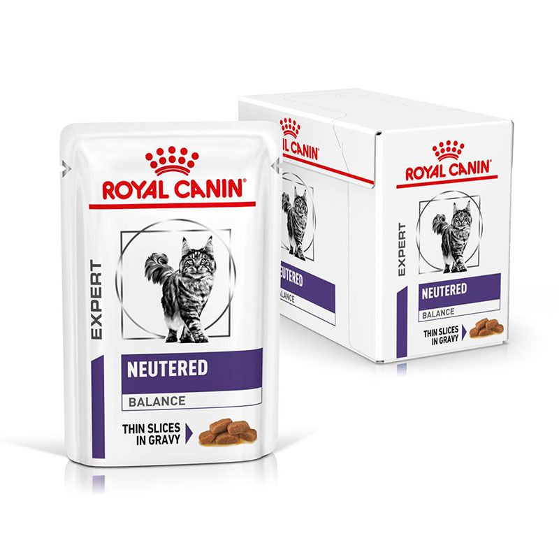 ROYAL CANIN Expert NEUTERED BALANCE Katzenfutter Frischebeutel und eine Kartonverpackung.