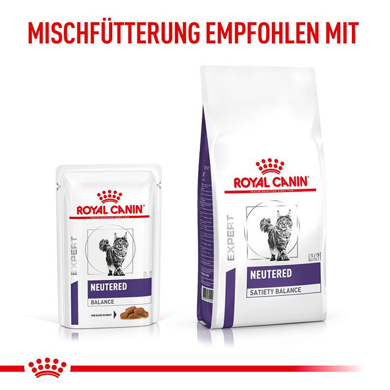 Kombination von ROYAL CANIN Expert NEUTERED BALANCE Katzenfutter im Frischebeutel und Trockenfutter.