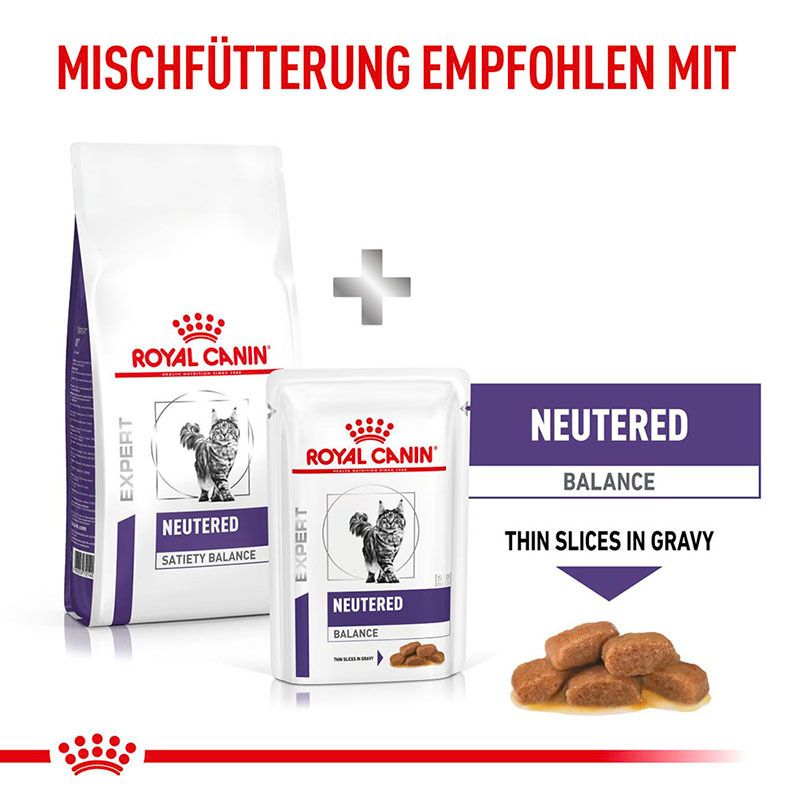 ROYAL CANIN® Expert NEUTERED SATIETY BALANCE Trockennahrung und Nassfutter für Katzen.