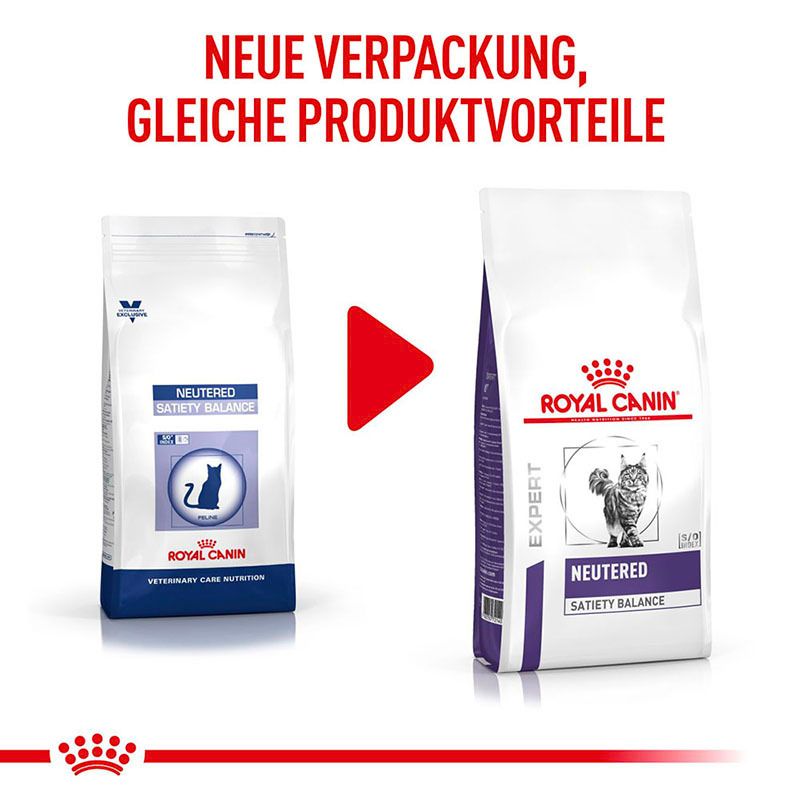 Vergleich der alten und neuen Verpackung von ROYAL CANIN® Expert NEUTERED SATIETY BALANCE Trockennahrung für Katzen.