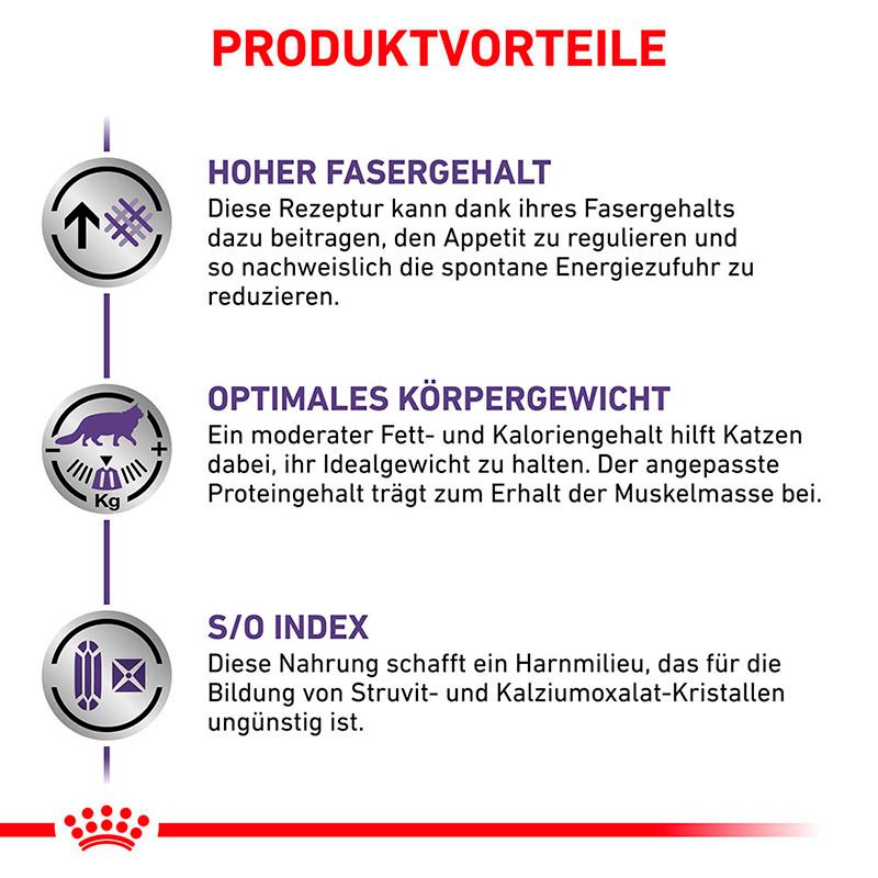 Vorteile von ROYAL CANIN® Expert NEUTERED SATIETY BALANCE: Hoher Fasergehalt, optimales Körpergewicht, S/O Index.