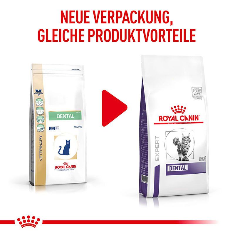 Vergleich von alter und neuer Verpackung von ROYAL CANIN Dental Katzenfutter. Neue Verpackung rechts.