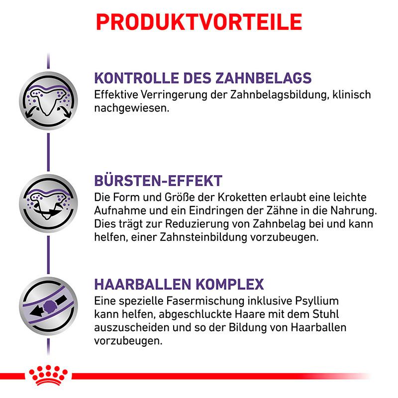 Vorteile von ROYAL CANIN Expert DENTAL Katzenfutter: Zahnbelagkontrolle, Bürsten-Effekt, Haarballen Komplex.
