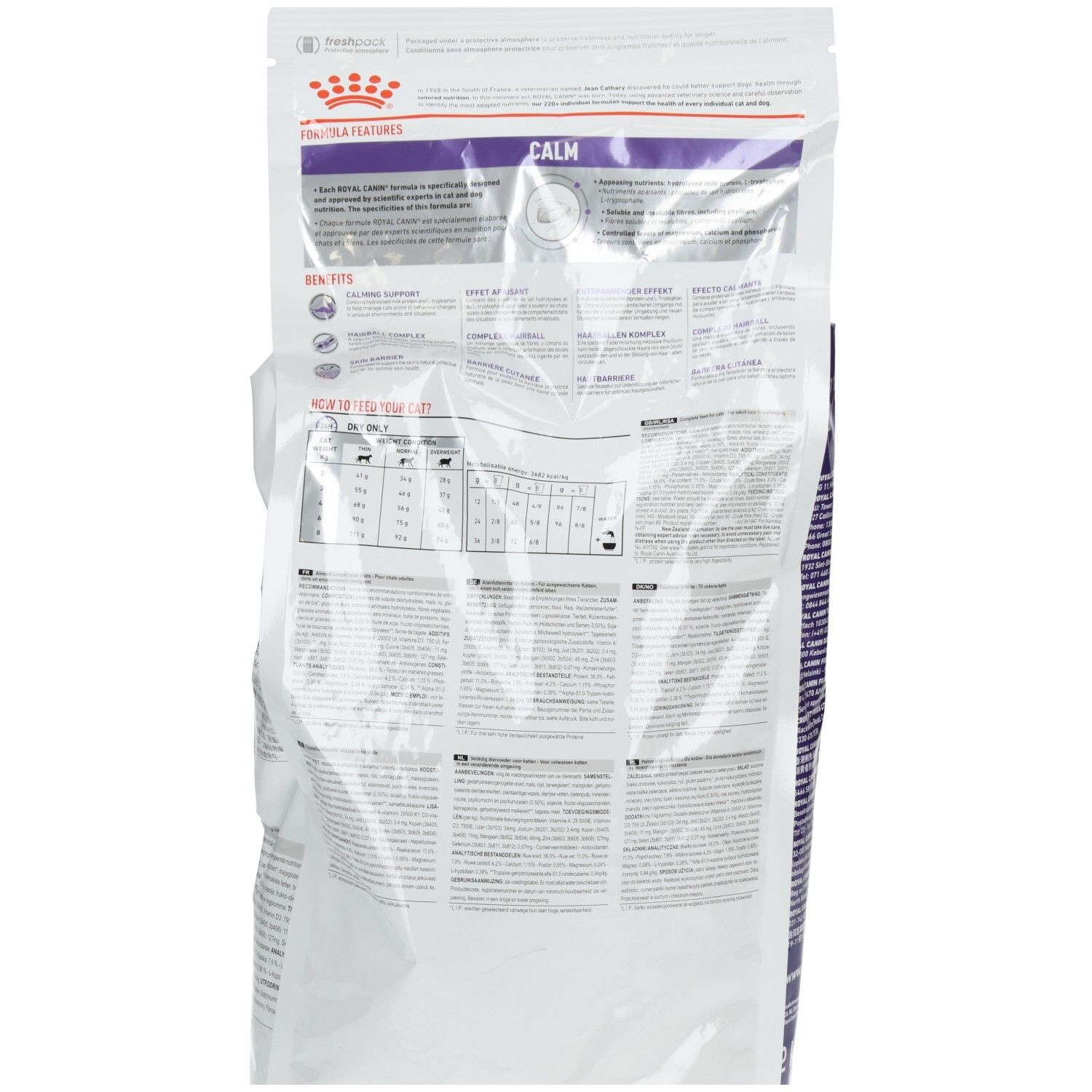 Rückseite des ROYAL CANIN Expert CALM Katzenfutter-Beutels mit Nährwertangaben und Anwendungshinweisen.
