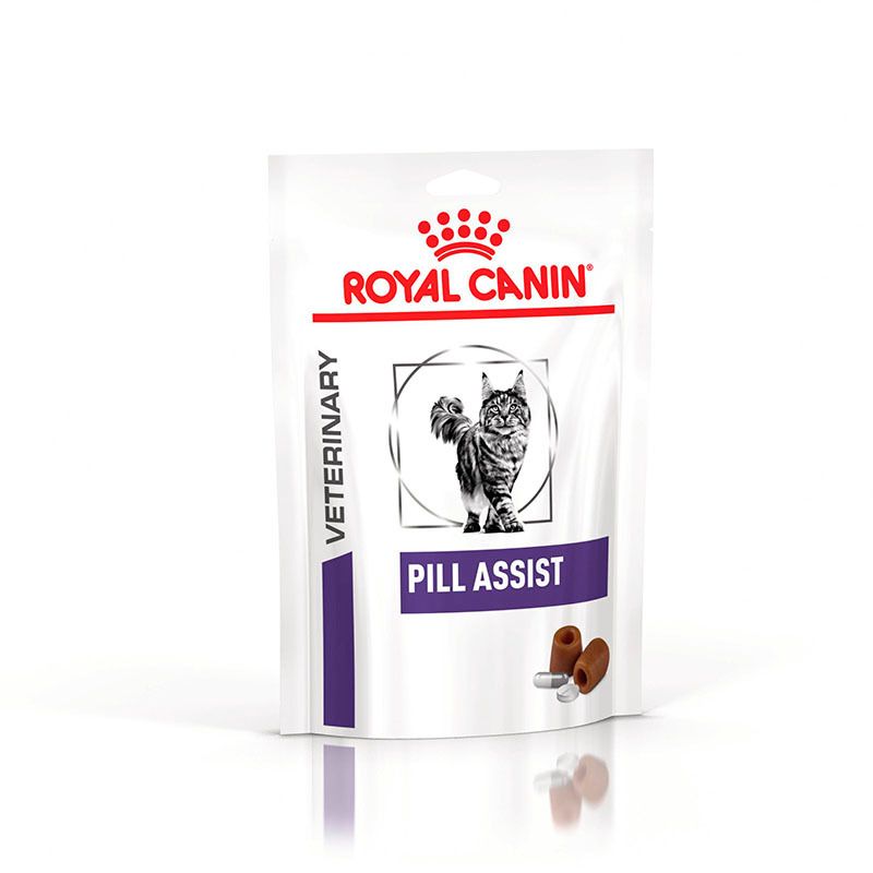 ROYAL CANIN Pill Assist Katzen-Leckerli-Beutel mit Katze und Pillen-Abbildung.