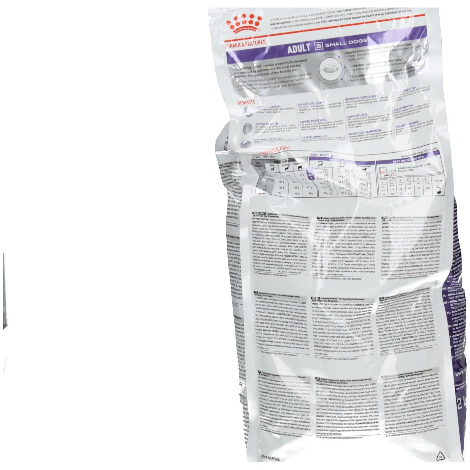 Rückseite einer 2 kg Packung Royal Canin Expert Adult Small Dogs Hundefutter mit Nährwertangaben.