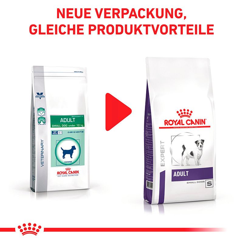 Vergleich von ROYAL CANIN® Expert ADULT SMALL DOGS mit älterer Verpackung.
