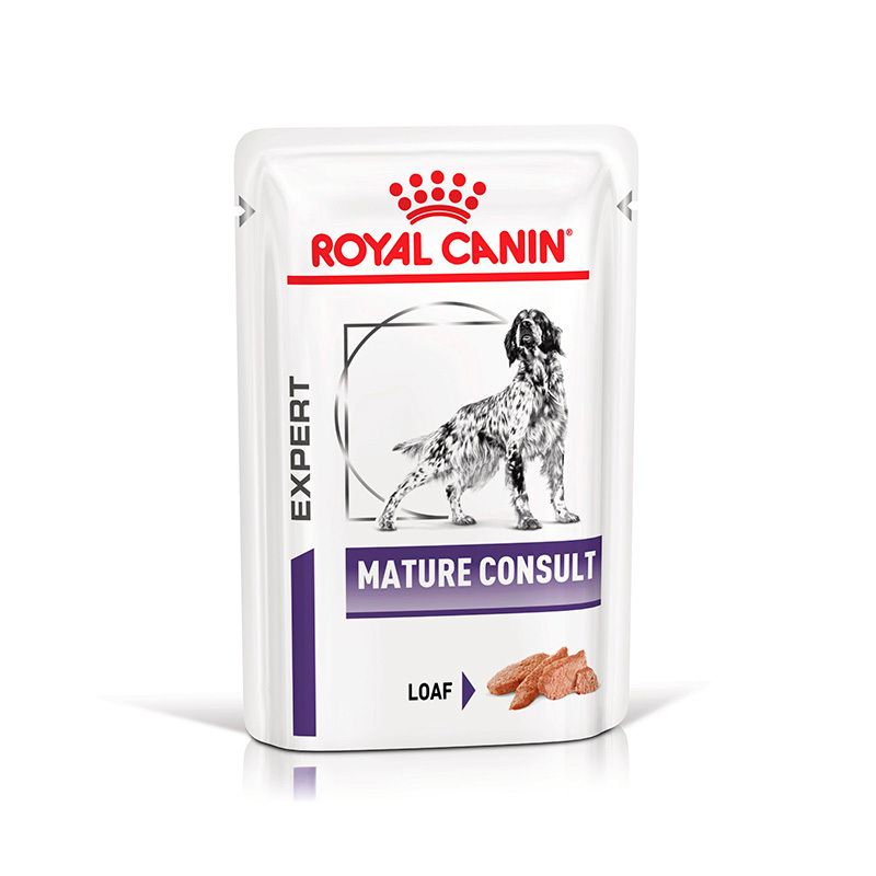 ROYAL CANIN Expert Mature Consult Feuchtnahrung Pouch mit Hundebild.