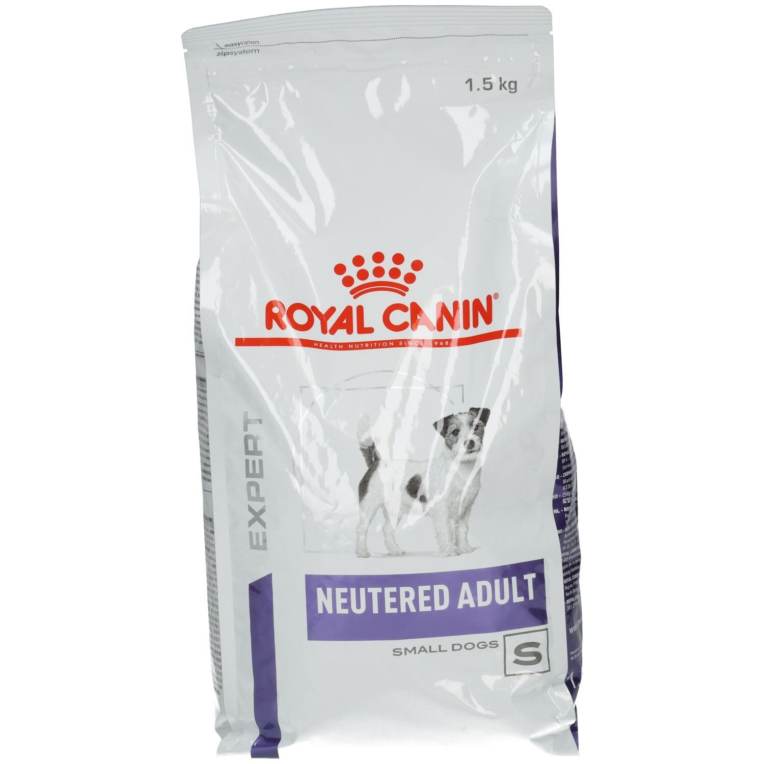 Royal Canin Expert Neutered Adult Small Dogs Trockennahrung, 1,5 kg Beutel mit Hundemotiv.