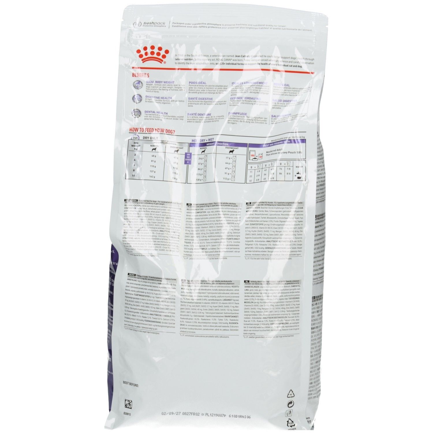 Rückseite des Beutels Royal Canin Expert Neutered Adult Small Dogs Trockennahrung, 1,5 kg, mit Fütterungstabelle.