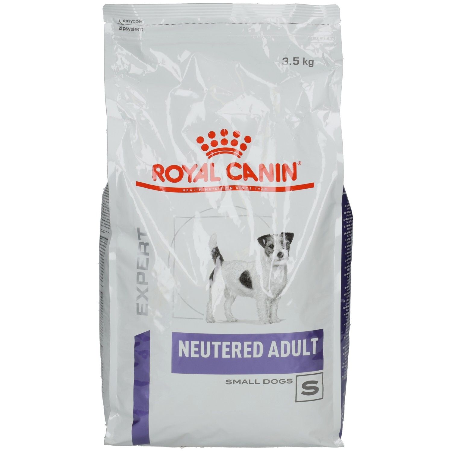 Royal Canin Expert Neutered Adult Small Dogs Trockennahrung, 3,5 kg Beutel mit Hundemotiv.