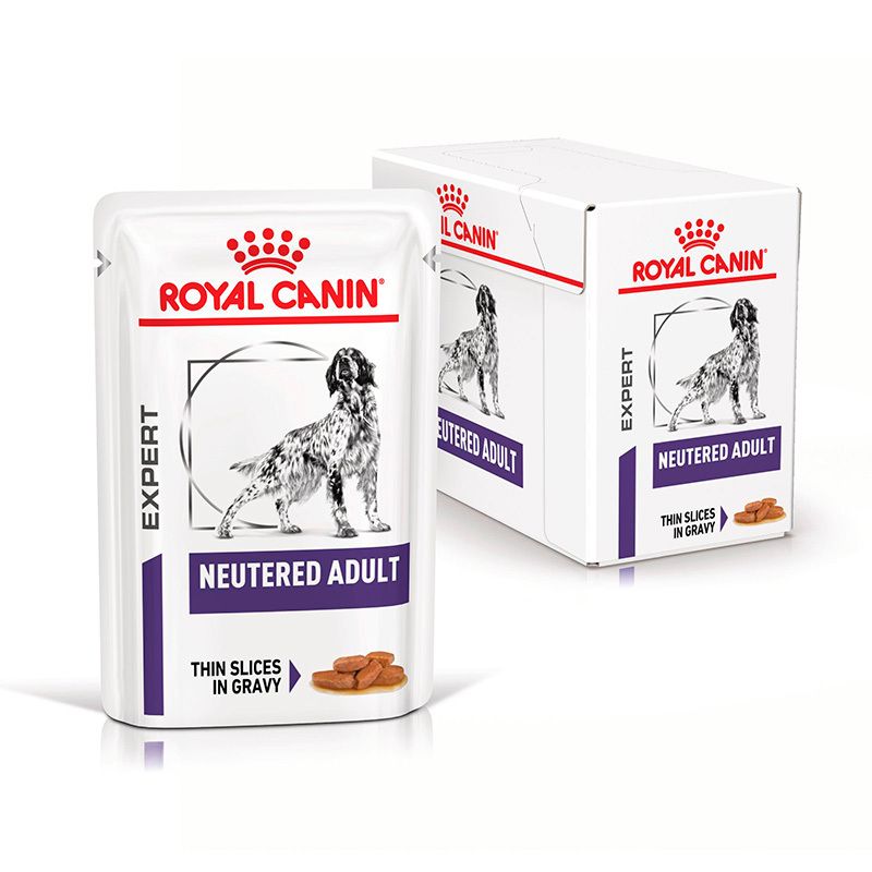 ROYAL CANIN Expert NEUTERED ADULT Feuchtnahrung Pouch und Kartonverpackung mit Hundebild.